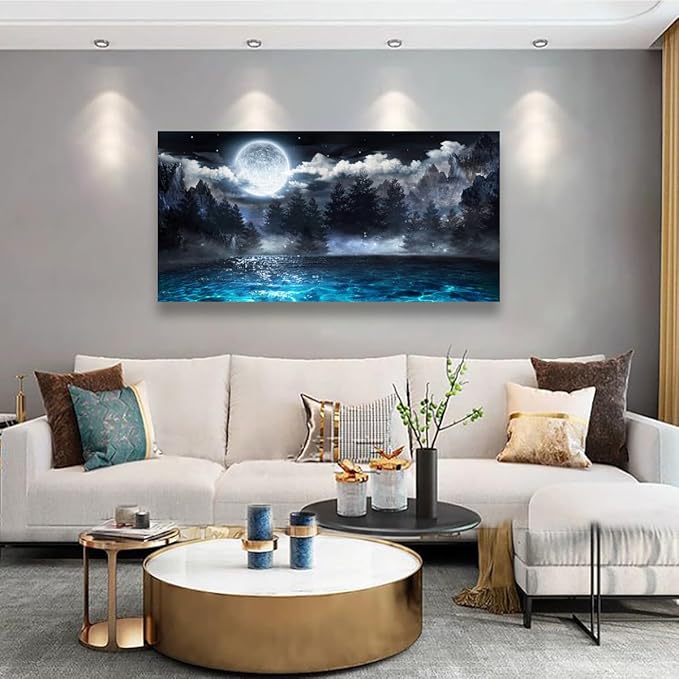Moon Ocean Pictures Canvas Wall Art for Living room Office Bedroom Wall Decor,Ocean Wall Art Print Paintings Modern Mystery Cloud Forest Blue Lake Artwork Waterproof Ready to Hang-28X57 inch