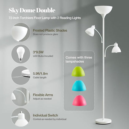 Luvkczc White Floor Lamp, 72" Tall Standing Floor Lamp with 5 Replace Lampshades, Torchiere Lamps with 8W Adjustable Reading Lights, Floor Lamps for Living Room, Bedroom, Office, Bulbs Included