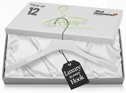 Premium Luxe Wood Coat Hangers, Wide Shoulder Wooden Jacket Hangers with Velvet Grip, Heavy Duty Luxury Hangers for Coats & Blazers, White with White Velvet, 12 Pack