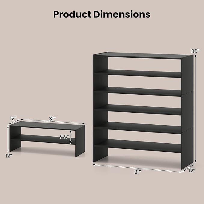 COSTWAY 6-Tier Shoe Rack, Extra Wide Shoe Shelf Organizer with Stackable Design, 31" Freestanding Adjustable Storage Shoe Stand for Small Space Entryway Hallway Closet (1,Black)