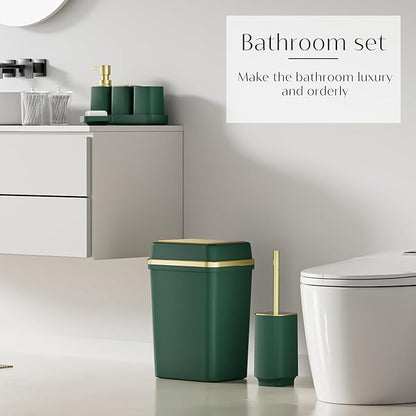 9PCS Bathroom Accessory Set, Dark Green Bathroom Set with Large-Capacity 4 Gallon Trash Can, Bathroom Accessories Set Complete, Toothbrush Holder, Soap Dispenser, Toilet Brush, Bathroom Decor