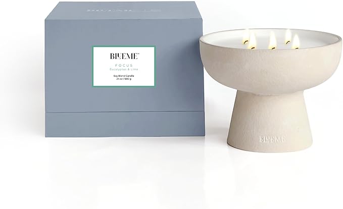 Blueme Focus Candle | Eucalyptus & Lime | 5 Wick - Refillable Wellness Candle with Essential Oils, Hand Finished & Poured Soy Wax Blend Ceramic Vessel, Natural Cotton Wicks | Large 24 oz