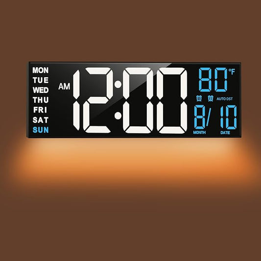 TrophyRak 16" Large Digital Wall Mount Clock, Count Down Timer, Alarm, Big LED, RGB Color, DST, Temperature for Living Room Classroom Desk, Wall, Xmas, Birthday Gift for Senior Mom Dad, White Blue