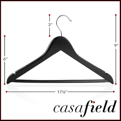 Casafield - 40 Black Wooden Suit Hangers - Premium Lotus Wood with Notches & Chrome Swivel Hook for Dress Clothes, Coats, Jackets, Pants, Shirts, Skirts