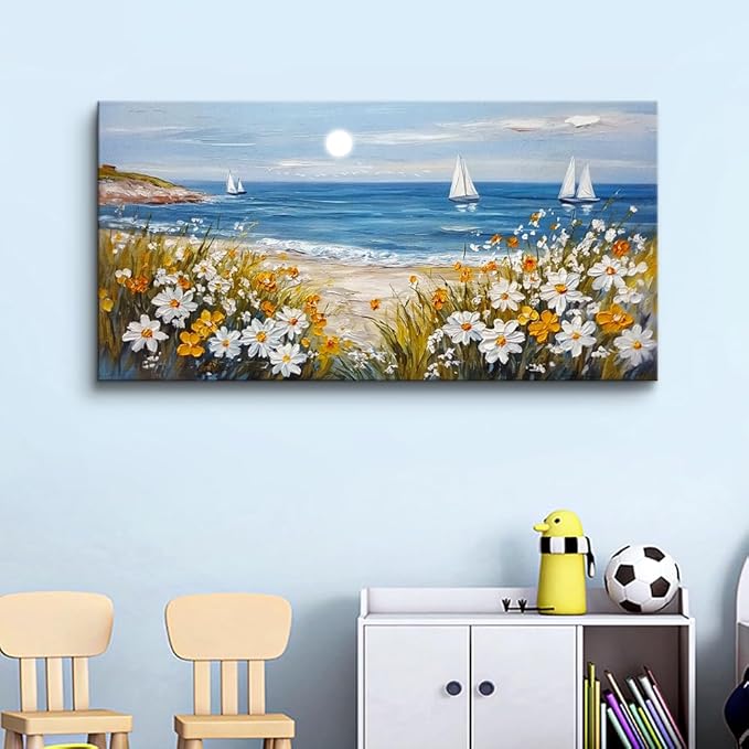 KELIYUAN Vintage Landscape Painting Home Decor Canvas Blue Ocean Beach Picture Print Wall Art For Living Room Farmhouse Dinin Mural White Flowers Bedroom Office Wall Decor Easy To Hang 20x40 Inches