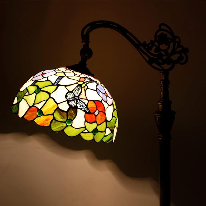 Tiffany Floor Lamp Stained Glass Lamp 18.88X12X67 Inch Angle Adjustable Arched Gooseneck Antique Reading Light (Butterfly Flowers)