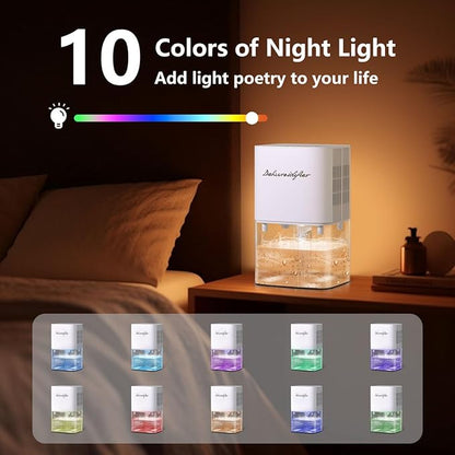 Dehumidifier 1800ML 63OZ Small Dehumidifiers for Home 230 Ft² Safety Dehumidification Adjustable 10 Color Lights 5 Timers 3 Setting Modes Auto Shut Off Protection Low Noise For Bedroom Bathroom