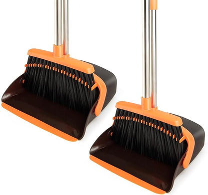 2-Pack Broom and Dustpan Set with Long Handle, Heavy Dust Broom and Dustpan Combo for Home，Kitchen, Office, Pet Hair (Brown Orange)