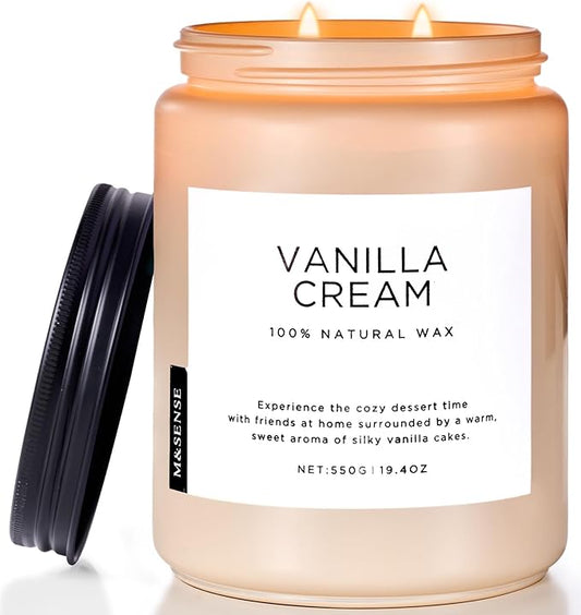 M&SENSE Vanilla Soy Candles, Large 2 Wick Jar Candle 19.4oz, 110 Hours Burning Time, 100% Natural Organic Soy Wax, Relaxing Aromatherapy Scented Candle, Housewarming Gift for Women and Men