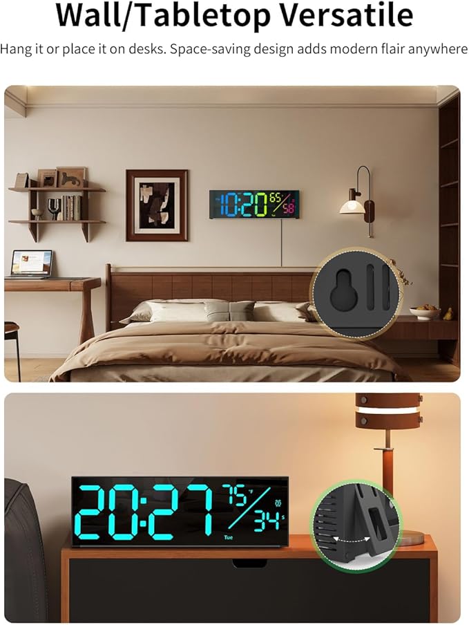Digital Wall Clock, Large Display Digital Clock with 11 RGB Colors, Wall Clock with Night Light, Alarm Clock, Date, Week, Temp, DST for Living Room, Bedroom, Classroom Decor, Gift for Senior Mom Dad