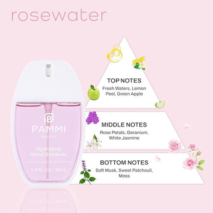 PAMMI Power Mist Hydrating Hand Sanitizer Spray, Portable Travel Size Pocket Hand Sanitizer, Scented Handsanitizer Mini Spray For Car - 600 Sprays (2 Packs (Rose and Guava))