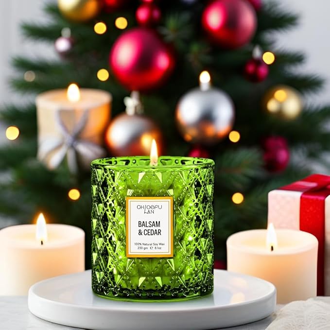 Chloefu LAN Balsam & Cedar Scented Candle Christmas Candles Gift, Christmas Festival Gifts, Large Luxury Scented Soy Jar Candles with up to 55 Hour Long Lasting, Highly Scented, 8.1oz