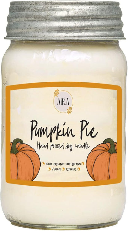 Aira Soy Candles - Organic, Kosher, Vegan, in Mason Jar w/Therapeutic Grade Essential Oil Blends - Hand-Poured 100% Soy Candle - Paraffin Free, Burns 110+ Hours - Fall Candle - Pumpkin Pie -16 Ounces