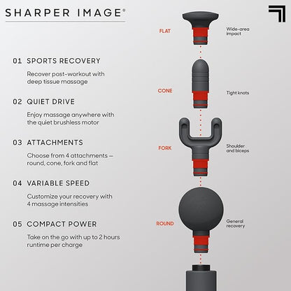 Sharper Image Percussion Massage Gun, Powerboost Move, Lightweight & Portable, 4 Attachments, 4 Speeds, Full Body Back & Shoulder Massager for Deep Tissue Muscle Recovery, Pain Relief & Soreness