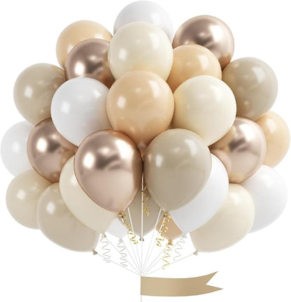 White Sand Balloons Set, 60 Pcs 12 Inch Double Stuffed Beige Boho Balloons with Metallic Chrome Champagne Nude Neutral Cream Balloon for Wedding Bridal Baby Shower Birthday Party Decorations