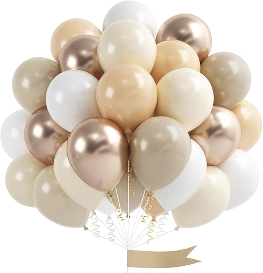 White Sand Balloons Set, 60 Pcs 12 Inch Double Stuffed Beige Boho Balloons with Metallic Chrome Champagne Nude Neutral Cream Balloon for Wedding Bridal Baby Shower Birthday Party Decorations