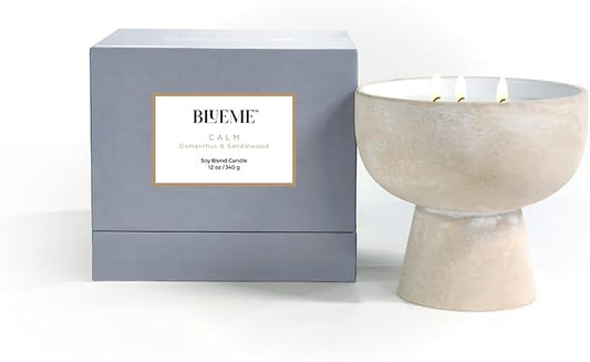Blueme Calm Candle | Osmanthus & Sandalwood | 3 Wick - Refillable Wellness Candle with Essential Oils, Hand Finished & Poured Soy Wax Blend Ceramic Vessel, Natural Cotton Wicks | Medium 12 oz