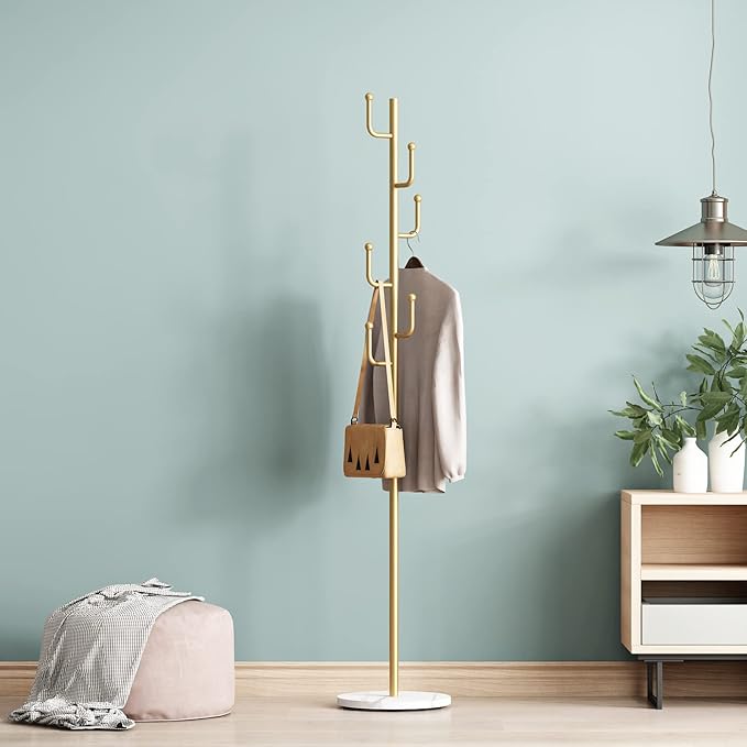 Gold Coat Rack, Free-standing Small Modern Coat Stand Tree with 6 Hooks, Marble Base, Hat & Coat Cactus Shape Hanger for Bedroom, Office, Metal Vintage, gold