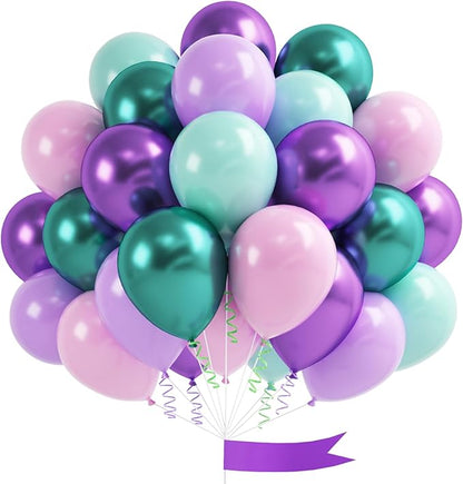Mermaid Party Balloon Set, 60 Pcs 12 Inches Metallic Purple Pink Green Blue Latex Balloons for Girls Mermaid Birthday Decoration Baby Shower Birthday Under The Sea Party Decorations