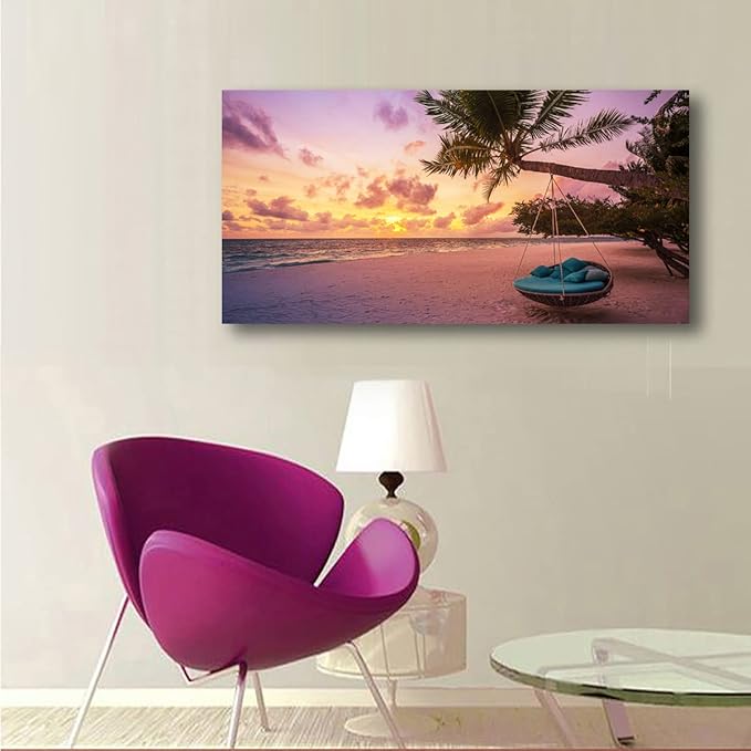 Purple Beach Palm Pictures Canvas Wall Art For Living Room Bedroom Wall Decor,Sunset Wall Art Print Paitnings For Home Decor,Morden Artwork Coconut Tree Canvas Art Ready To Hang-20x40Inches