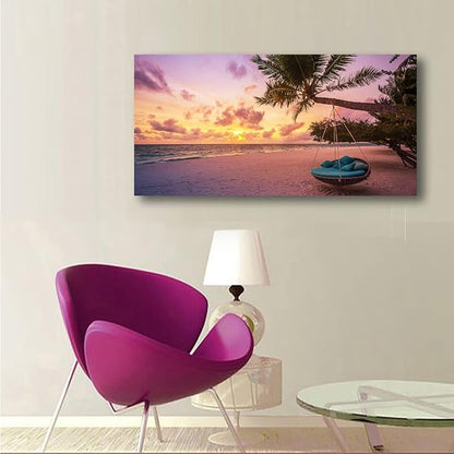 Purple Beach Palm Pictures Canvas Wall Art For Living Room Bedroom Wall Decor,Sunset Wall Art Print Paitnings For Home Decor,Morden Artwork Coconut Tree Canvas Art Ready To Hang-20x40Inches