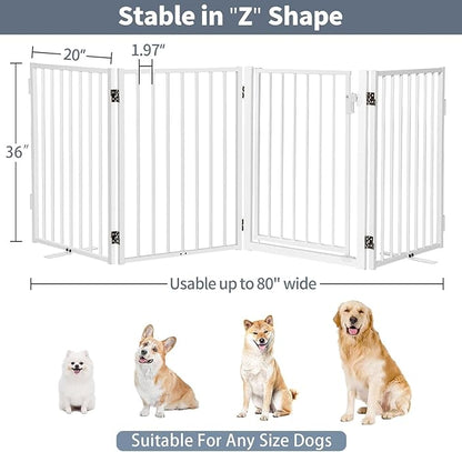 Metal Freestanding Dog Gates with Door for Outdoor Indoor,80'' Extra Wide 36'' Tall Free Standing Dog Gate for Doorways,Large Openings,Deck,Yard,Porch,Foldable Pet Fence(White,4 Panels)