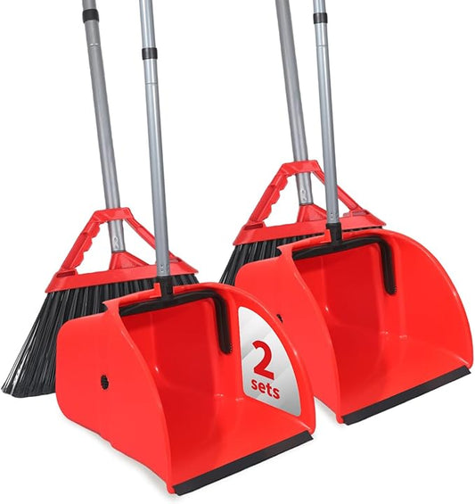 Commercial Broom and Dustpan Set, Jumbo Lobby Debris Dustpan (13.5inch*13.5inch), Heavy Duty Broom (14inch Width), 2 Sets, Red,for Indoor and Outdoor Cleaning