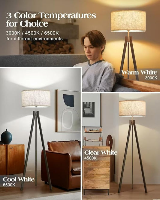 ELYONA Farmhouse Wood Tripod Floor Lamp, Modern Reading Standing Lamp with 3 Color Temperatures LED Blub & Nature Linen Shade, Night Light for Living Room, Bedroom, Study Room, Office, Grey
