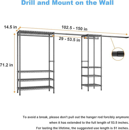 Ulif E11 Heavy-Duty Garment Rack, Metal Freestanding Clothes Rack and Closet Storage Organizer System with 8 Shelves and 4 Hanger Rods, (73.2 - 97.6)"W x 14.5"D x 71.2"H, Load 1034 LBS, Black