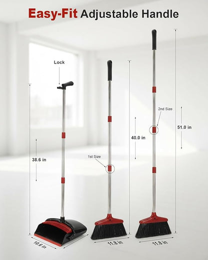 Broom and Dustpan Set Upright Standing Sweeper with Long Handle Folding Dust Pan with Built-in Teeth Comb Indoor & Outdoor Cleaning Compact Storage Broom Dustpan Combo Set