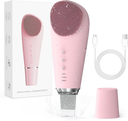 2 in 1 Electric Face Scrubber Silicone Facial Cleansing Brush, Exfoliator Scrubber & Skin Spatula Pore Cleaner Blackhead Remover Tools, Waterproof Face Brush Exfoliating Deep Cleaning Massager, Pink