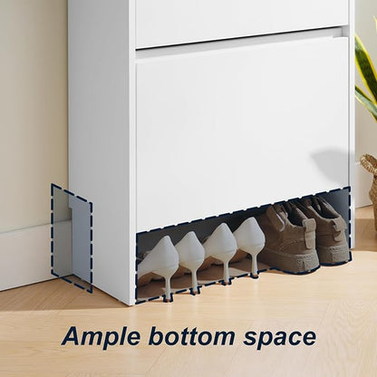 Shoe Cabinet Organizer with 2 Flip Drawers，Freestanding Shoe Rack Cabinet，Narrow Shoe Cabinet Storage for entryway, Foyer, Hallway, White, 23.6" W