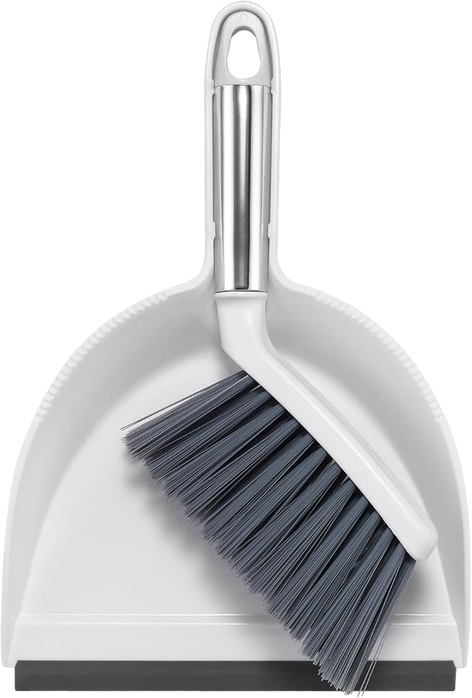 NACENA Mini Broom and Dustpan Set, Small Dust Pan and Brush Set with Handle Dustpan Teeth for Cleaning Hair Suitable for Office Desks Drawers Sofas Pet Care Outdoor Camping, White & Gray