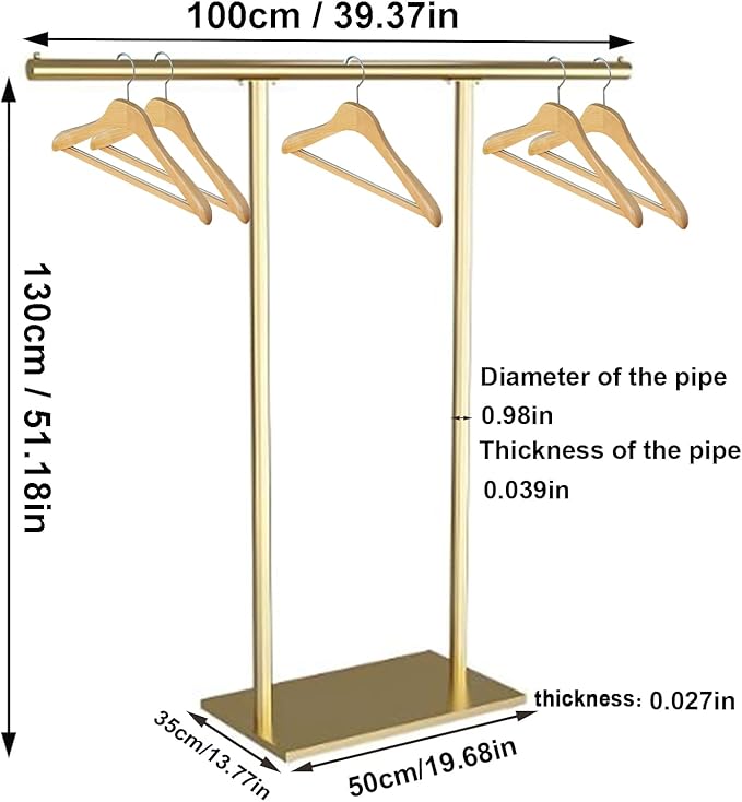 Gold Clothing Rack for Boutique, Gold Garment Rack, Double Pole Supported Stable Metal Retail Clothes Stand, Freestanding Clothes hanging Rack in Bedroom and Laundry Room (gold, 39.37X51.18in)
