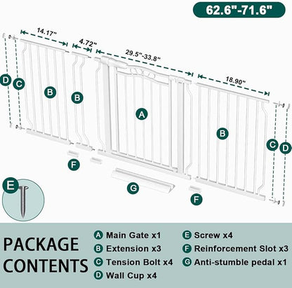 Fairy Baby 62.5"-71.6" Extra Wide Long Baby Gate for Doorways, Large Dog Gate for the House, No Drill Baby Gate for Stairs, Pressure Mounted Toddler Safety Child Gate Auto Close Pet Gate Indoor, White