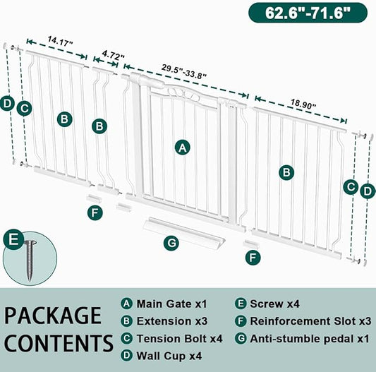 Fairy Baby 62.5"-71.6" Extra Wide Long Baby Gate for Doorways, Large Dog Gate for the House, No Drill Baby Gate for Stairs, Pressure Mounted Toddler Safety Child Gate Auto Close Pet Gate Indoor, White