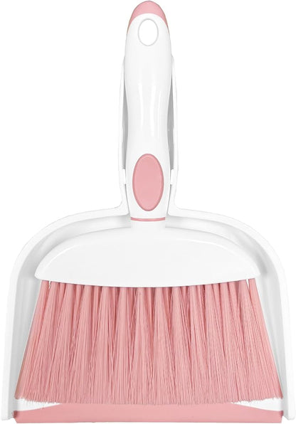 Mini Broom and Dustpan Set Small Broom with Dustpan Combo Set Portable Cleaning Tools for Home Office RV Learning Camping (White+Pink)