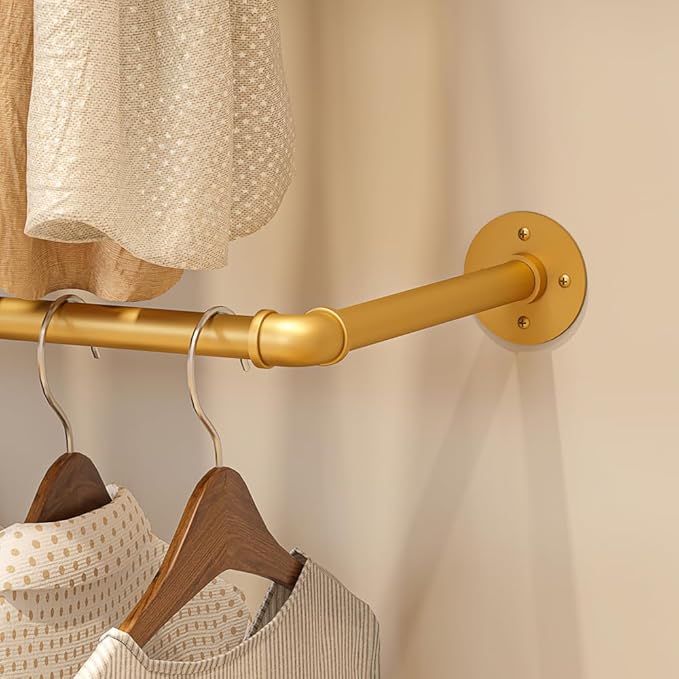 Heavy Duty Gold Pipe Clothing Rack - Wall Mounted Industrial Clothes Rack, DIY Corner Closet System with Shelves, Adjustable Walk-in Closet Organizer (GOLD, 94.5")