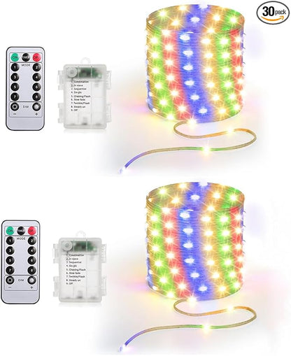 Battery Operated String Lights (2 Pack), 33ft 100 LED Fairy String Lights Battery Powered w/Remote & Timer for Indoor Outdoor Christmas Trees Wreath Decoration Bedroom Patio - Multicolor