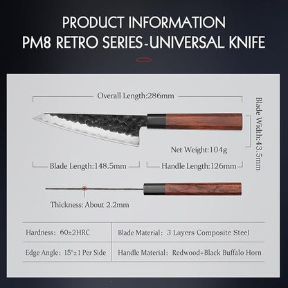 HEZHEN 5.8 inch Multi-purpose Knife,10Cr15CoMoV Steel Core,Triple-layer Composite Steel,Redwood Handle,Professional Kitchen Knife - Razor Sharp