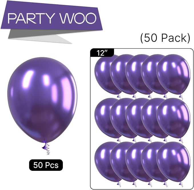PartyWoo Metallic Purple Balloons 50pcs 12 Inch Chrome Purple Latex Helium Balloons for Mardi Gras Graduation Wedding Bachelorette Baby Shower Anniversary Birthday Party Decorations Purple-G105