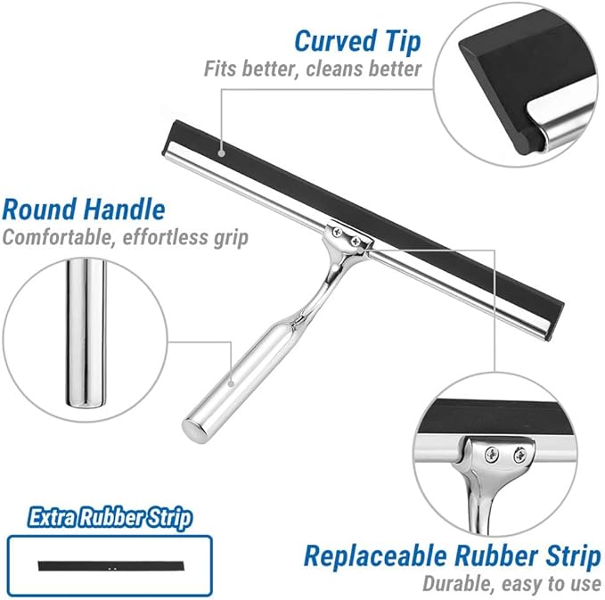 ecooe Stainless Steel Shower Squeegee with Hook, 10" (25.4cm) Shower Glass Cleaner Squeegee Wiper Scraper with 1 Replacement Blade, Window Squeege for Home Bathroom Kitchen Car Glass Doors