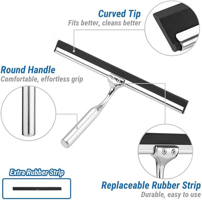 ecooe Stainless Steel Shower Squeegee with Hook, 10" (25.4cm) Shower Glass Cleaner Squeegee Wiper Scraper with 1 Replacement Blade, Window Squeege for Home Bathroom Kitchen Car Glass Doors