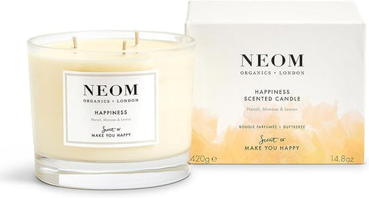 NEOM- Happiness Scented Candle, 3 Wick | Essential Oil Aromatherapy Candle | Neroli, Mimosa & Lemon | Scent to Make You Happy