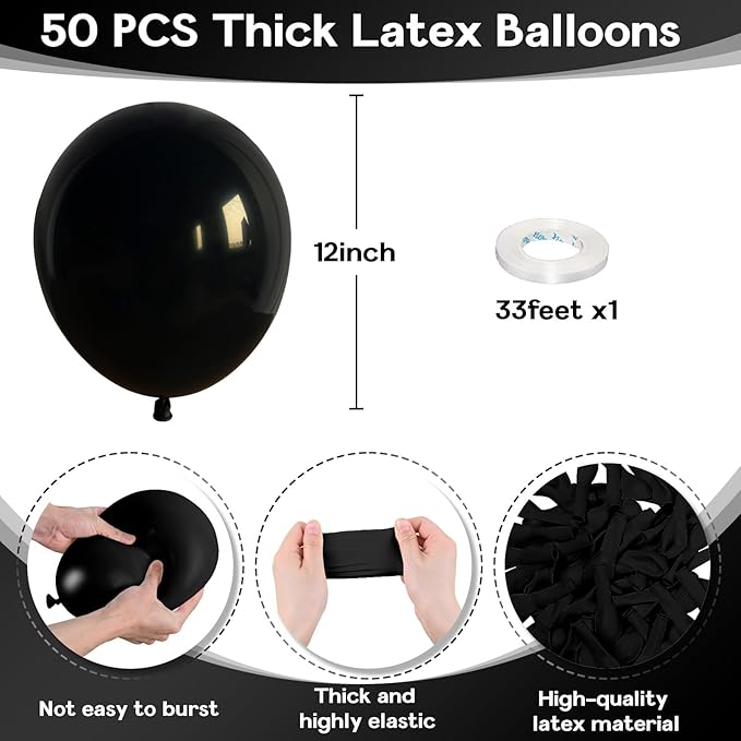 Black Balloons 12 Inch, 50Pcs Black Balloon Matte Black Latex Balloons for Arch Black Party Helium Balloons for Birthday Wedding Baby Shower Halloween New Year Graduation Party Decorations