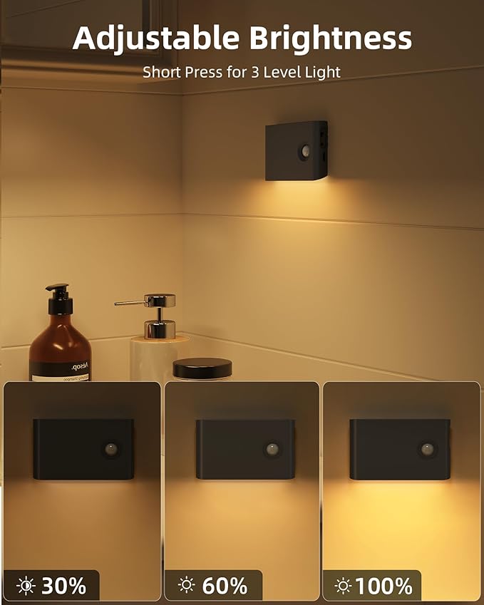 EZVALO 3 Pack Motion Sensor Night Lights, Sync LED Stair Lights Indoor, 1500mAh Rechargeable, Magnetic & Dimmable, 3000K Soft White, Portable Nightlight for Hallway, Stairs, Bathroom, Bedroom (Black)