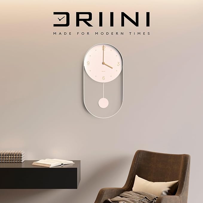 Driini Modern Pendulum Wall Clock - Decorative and Unique Metal Frame, with 8 Inch Face - Contemporary, Minimalist Design, with Silent Non Ticking Operation - Includes Both White and Gold Pendelum