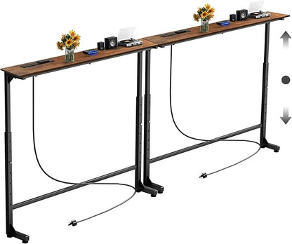 70 inch Narrow Console Table with Outlet,Adjustable Height(25"-37") Behind Sofa Table,Couch Behind Table Skinny,Couch Shelf with Charging Station,Long Entryway Tables for Living Room,Brown