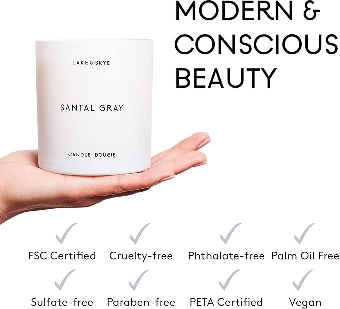 Lake & Skye Santal Gray Candle (8 oz), 50 Hours of Burn Time, 100% Soy Wax, Vegan - White Embers and Musk Scent