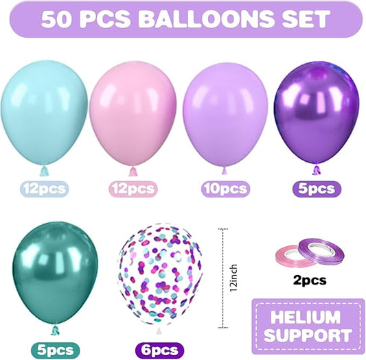Mermaid Balloons, 12 Inch Pastel Purple and Teal Balloons, Pink Metallic Teal Purple Confetti Balloon Latex Balloon for Girls Mermaid Theme Princess Birthday Baby Shower Party Decorations